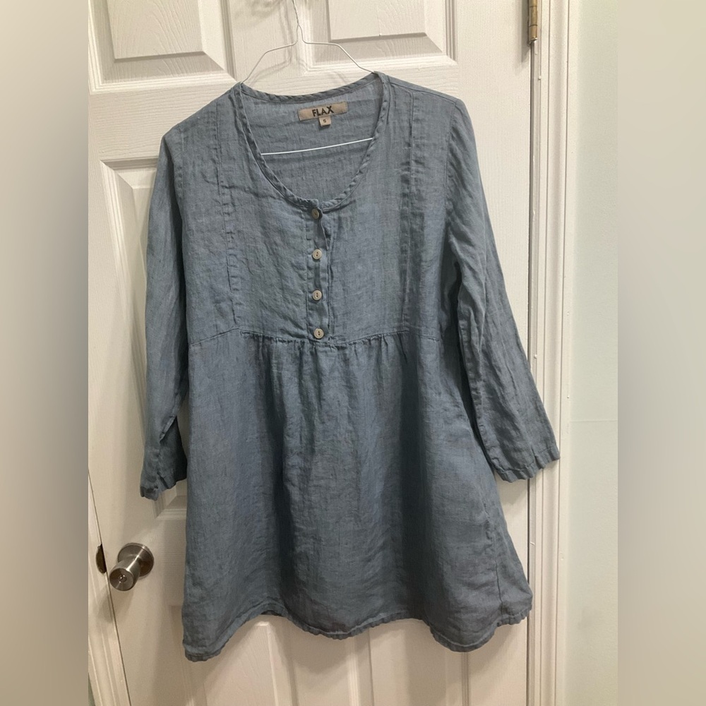 Flax‎ Light Blue Linen  Lagenlook  Babydoll Tunic Sz S
